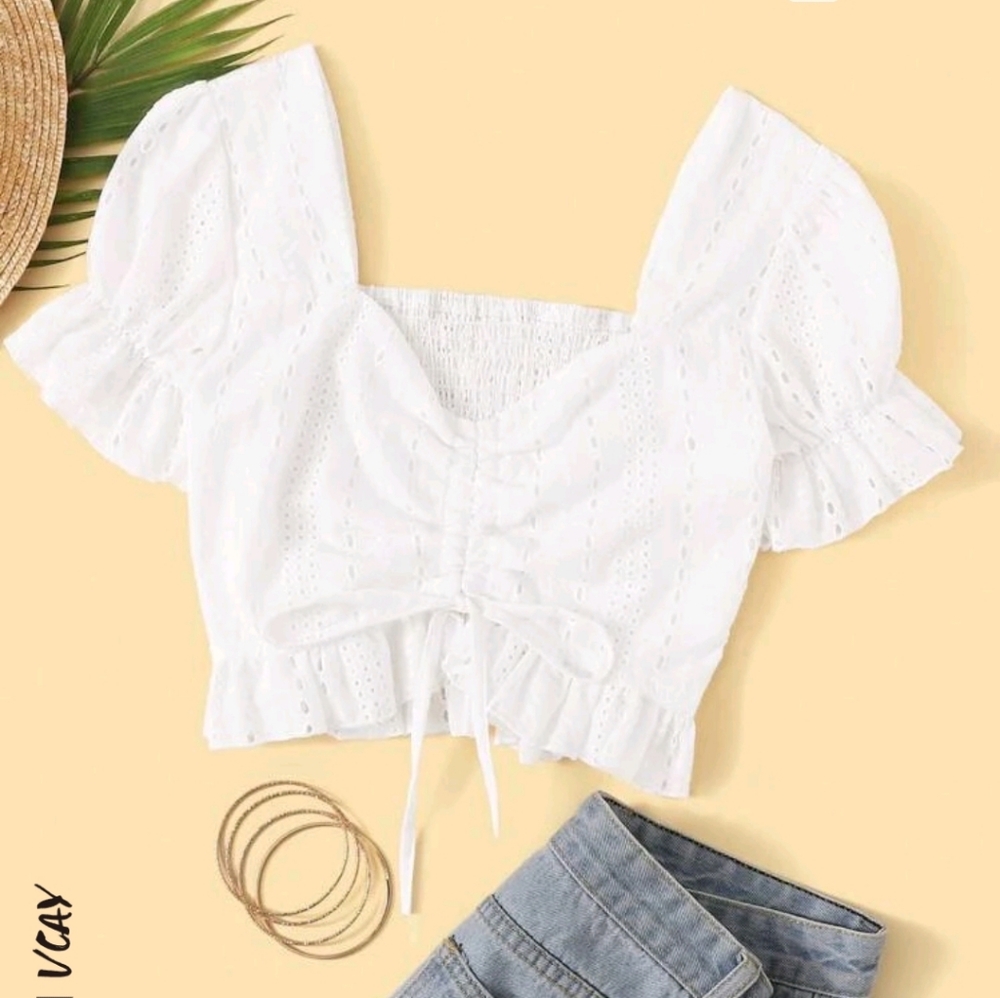 Romwe White Cropped Eyelet Top Small